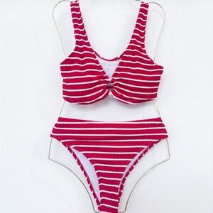 Red White Stripe Crinkle Ribbed 2 Piece O-Ring High Waist Bikini Set Small NWOT